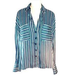 Free People Mad About You Striped V Neck Button Up Blouse Size S Blue & …
